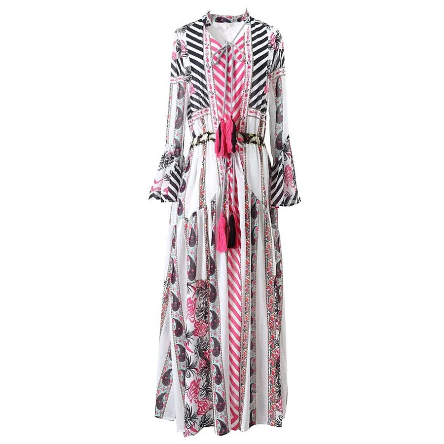 

TEELYNN maxi boho dress 2019 spring vintage floral print Chiffon long dresses long sleeve Drawstring waist Hippie women dresses