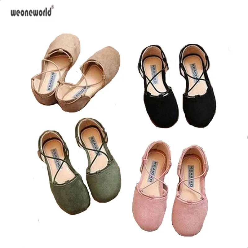 

WEONEWORLD Fashion 2018 summer kids shoes for girls suede lace-up flats sandals ankle strap handmade cross tied ballet flats