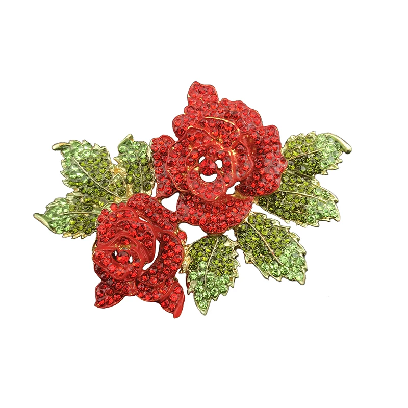 

Rhinstone Red Double Flower Green Leaf Brooch Pin Woman Jewelry