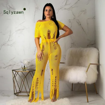 

Summer Cotton Tracksuit Women 2 Two Piece Set Sweater Top + Pants Knitted Suit One Shoulder Knit Set Women Outwear Two Piece Set