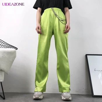 

UIDEAZONE Fruit Green Chain High Waist Wide Leg Pants 2019 Summer Women Elastic Pocket High Street Long Pants