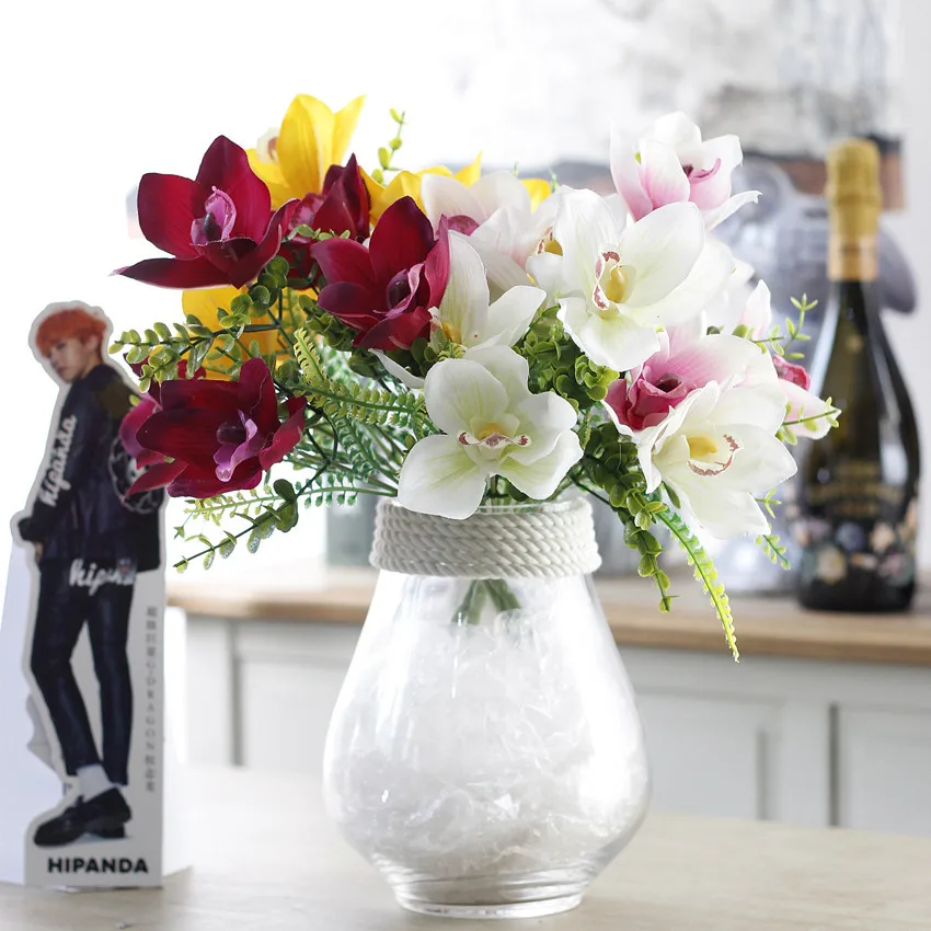 5 голов букет орхидей дешевые высокое качество обеденный стол украшения яркие красивые искусственные цветы из шелка 30 см