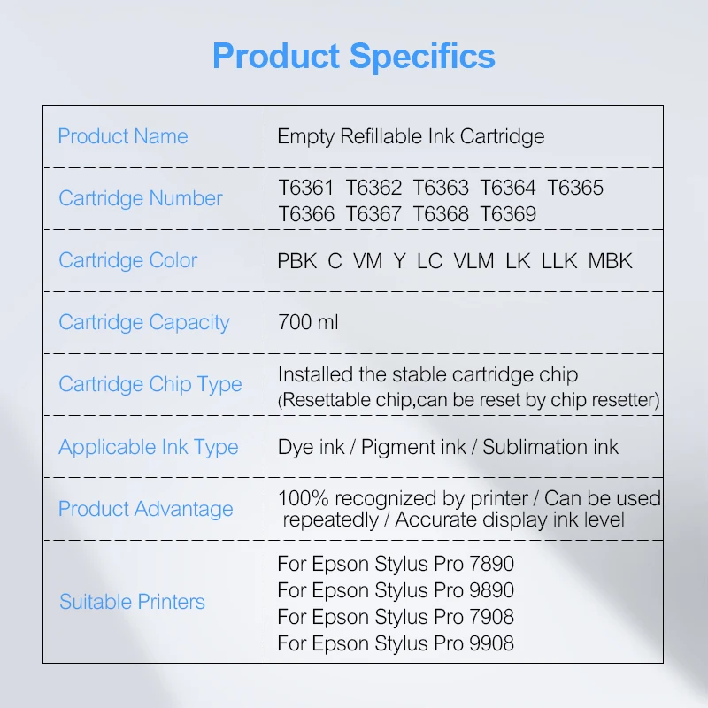 9Colors/Set T6361 T6361-T6369 Empty Refillable Ink