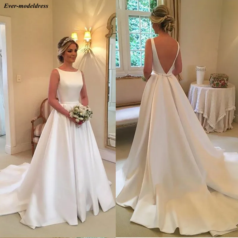 

Satin Simple Wedding Dresses 2019 A-Line O-Neck Sleeveless Backless Sweep Train Bow Elegant Bridal Gowns Robe De Mariee Cheap