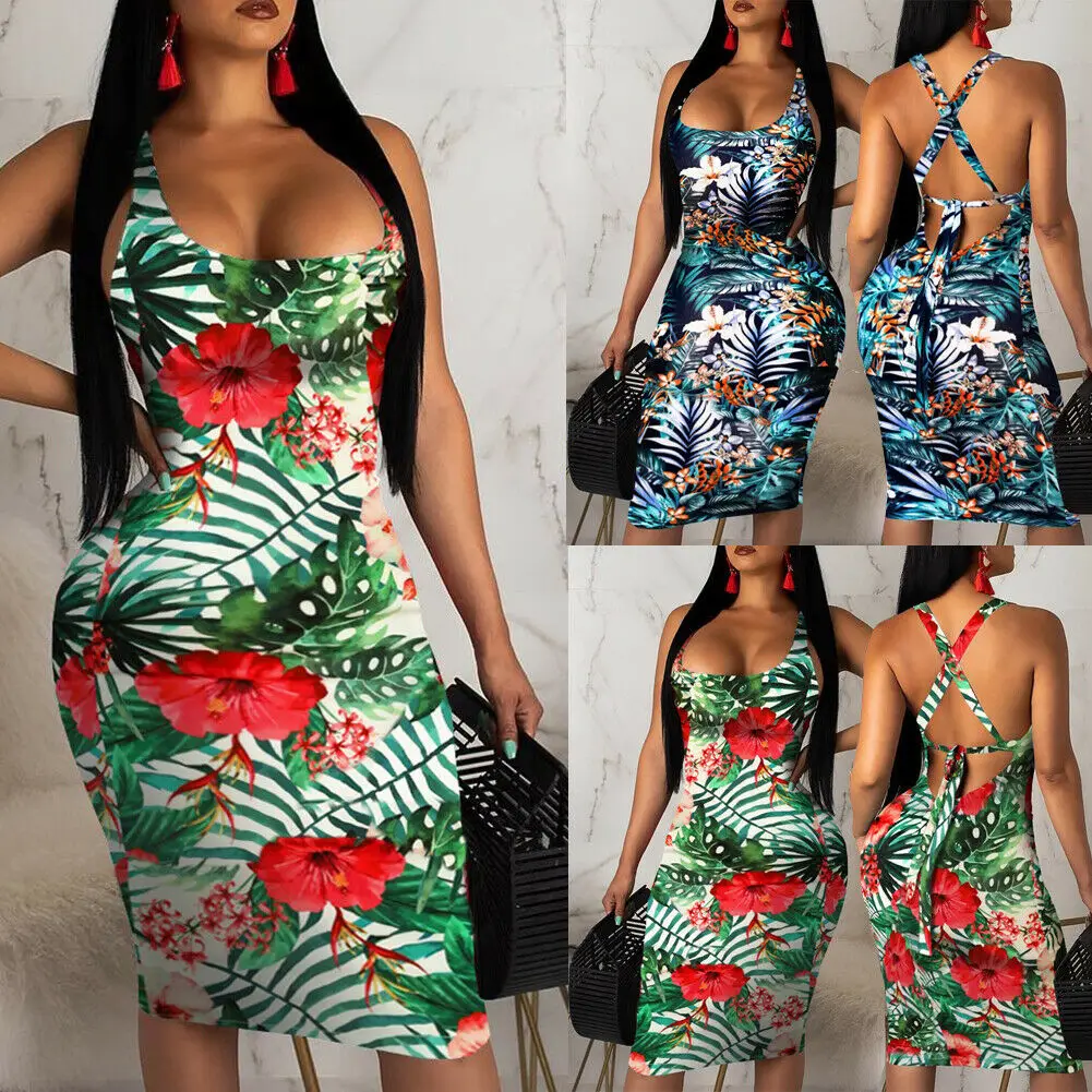 

New Design Women Spaghetti Strap Dress Summer Boho Floral Print Square Collar Backless Dress