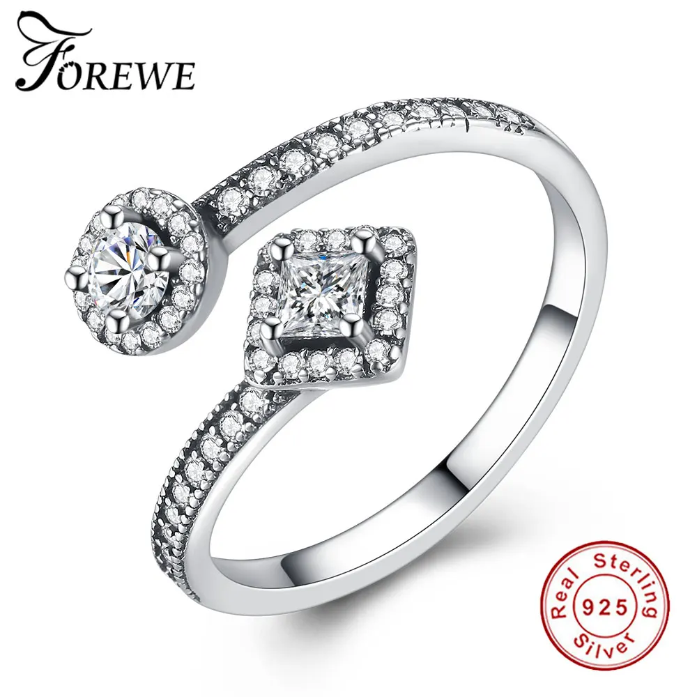 

925 Sterling Silver Round & Square Crystal Open Finger Ring for Women Wedding Engagement Dazzling Clear CZ Jewelry Women Rings