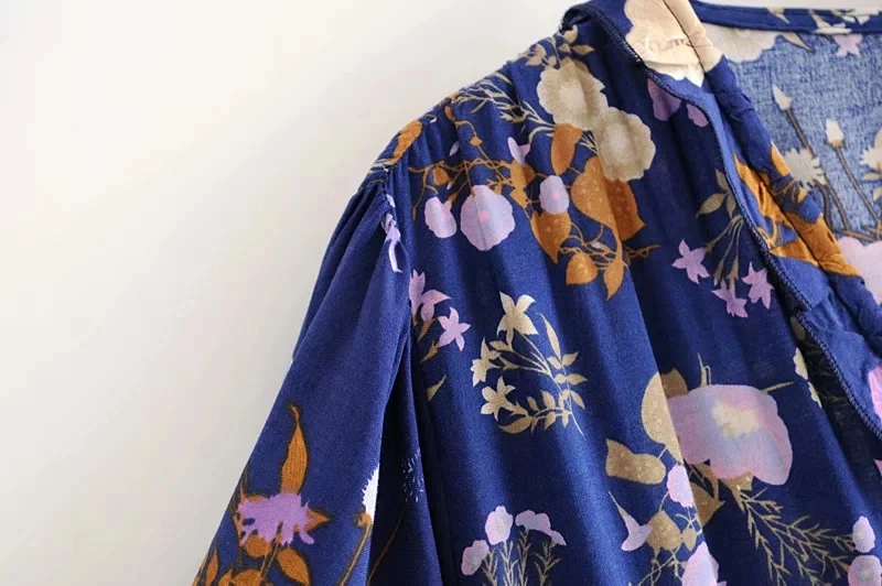 Богемный Вдохновленный темно-синий цветочный бохо платье жабо подол v-образным вырезом свободные цыганский стиль праздник летнее платье causla шикарное женское платье Новинка