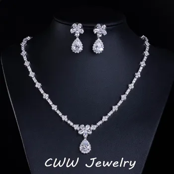 

CWWZircons Bridal Accessories White Gold Color Sparkling Cubic Zirconia Crystal Bridesmaid Jewelry sets for Wedding Gift T120