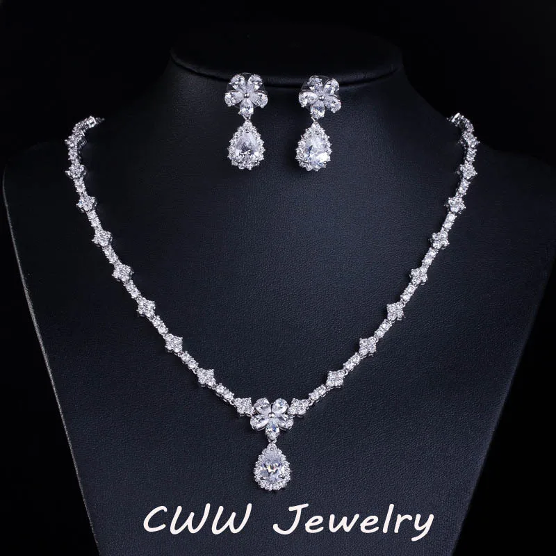 Luxury Bridal Accessories White Gold Color Sparkling Cubic Zirconia Crystal Bridesmaid Jewelry sets For Wedding Gift T120