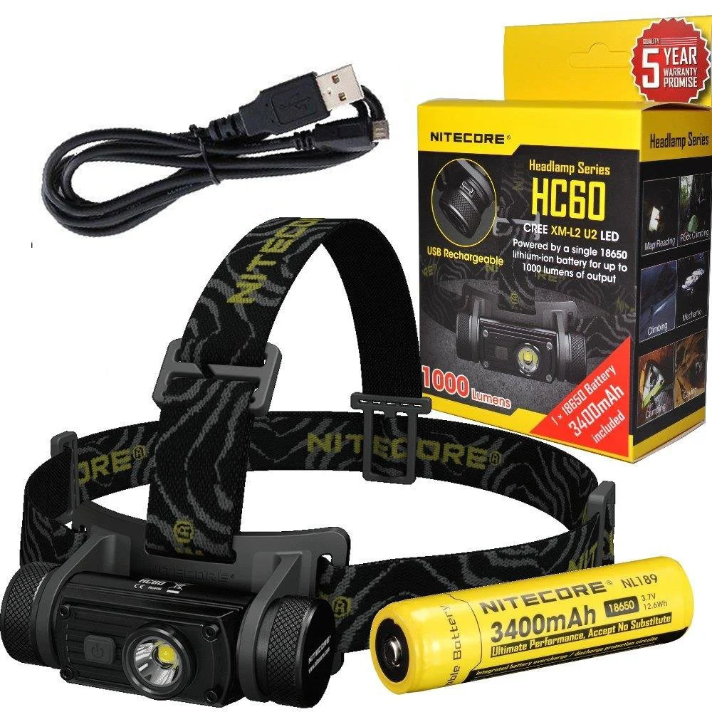 NITECORE HC60 налобный светильник CREE XM-L2 U2 светодиодный Макс. 1000 люмен световой луч 117 м зарядка через usb налобный фонарь для спорта на открытом воздухе головной светильник