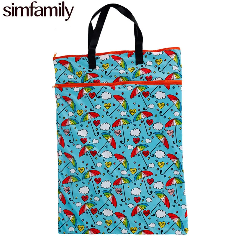

[simfamily]1PC Reusable Large Hanging Cloth Diaper Wet Dry Bag Double Pocket Cloth Handle Pail Bag for Cloth Diapers