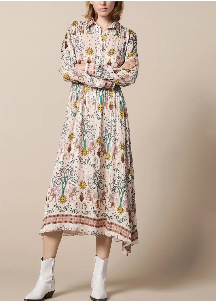 

Woman Dress Chiffon Spring Long Sleeve Printed Silk Maxi Dress