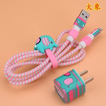 

New Elephant Style Cartoon USB Cable Earphone Protector Set with Cable Winder stickers Spiral Cord protector For iphone 5 6 6s