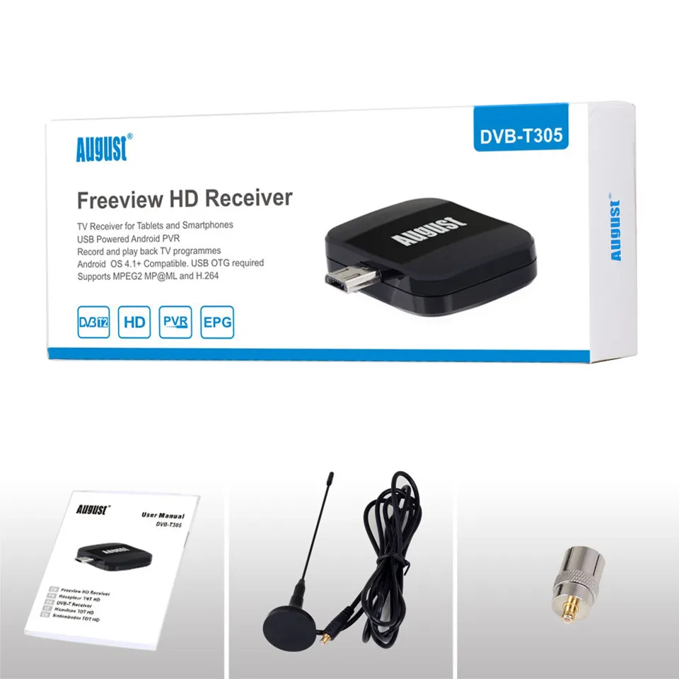 August DVB T305 портативный ТВ приемник для T/DVB T2 Micro USB тюнер Android. Бесплатно смотрите на