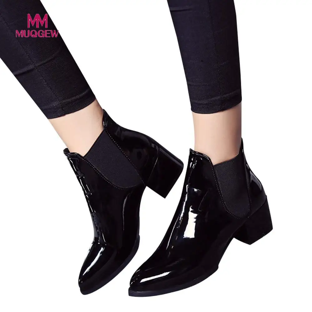 

2019 New Arrival Fashion Shoes Women Boots Elasticated Patent Leather Ankle Boots Pointed Low Heel Boots Female Sexy Shoes