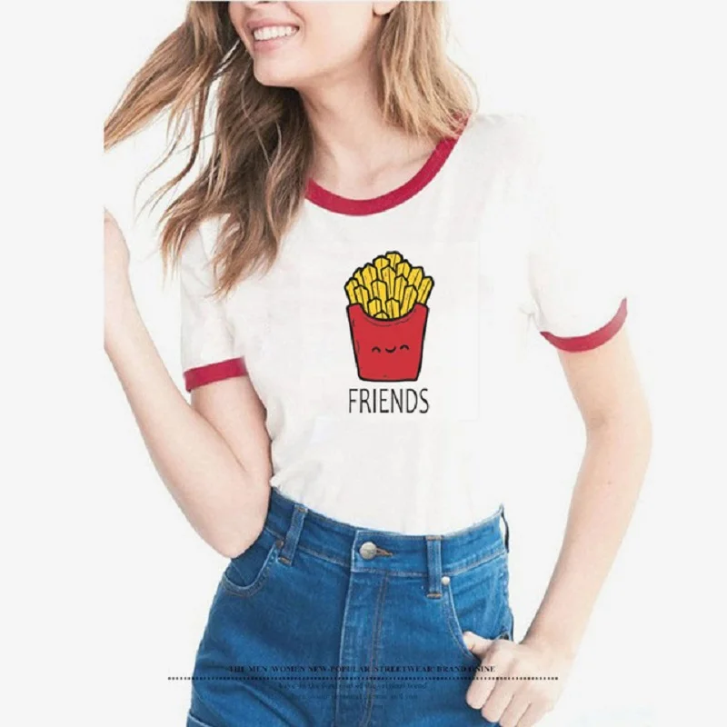 

women white tshirts funny friends TV t-shirt Harajuku Kawaii Hamburger Fries juice t shirt Women Best Friends Shirts BFF Tee Top