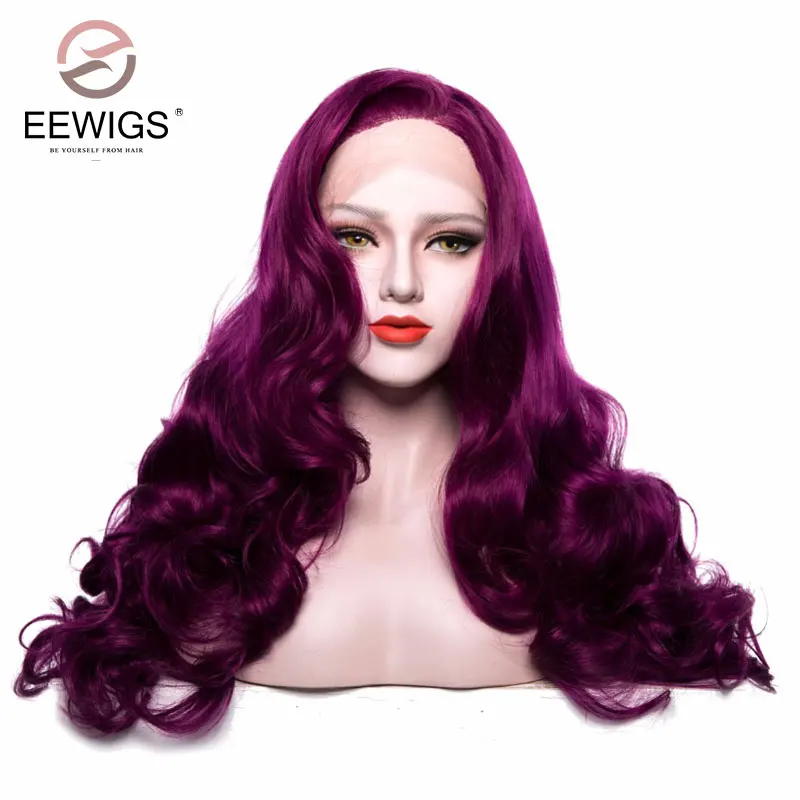 

EEWIGS Purple Synthetic Lace Front Wig Long Body Wave Long Pure Color Wigs For Women Natural Hairline Artificial Hair Wigs