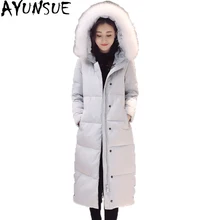 Новое поступление года, женская зимняя куртка с меховым капюшоном, утепленные Длинные пуховики, Женская Модная Тонкая Куртка парка Mujer ST351