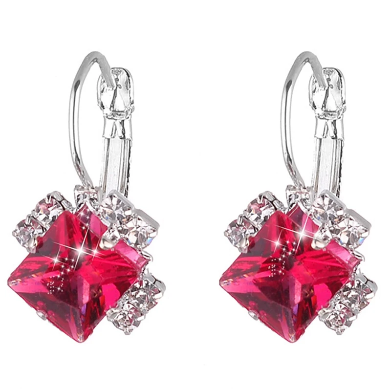 

Red Blue Purple Stud Earrings Large Square Shape Wedding Silver Color Cubic Zircon Crystal Earring Women Jewelry