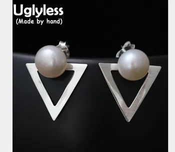 

Uglyless Genuine S 925 Sterling Silver Triangle Stud Earrings for Women Elegant Natural Pearls Studs Personalized Hollow Brincos
