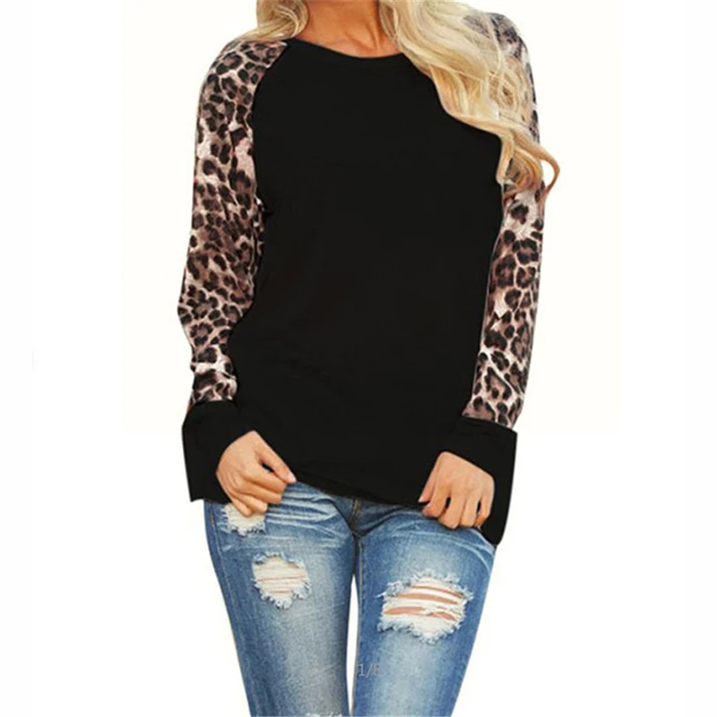 Модная женская Повседневная Осенняя футболка с длинным рукавом, леопардовая футболка, Весенние футболки, женские футболки размера плюс S-XL