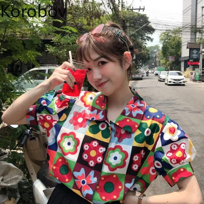 

Korobov Harajuku Streetwear Blusas Femininas Elegant Summer Flower Print Korean Women Blouse Puff Short Sleeve Shirts 78073