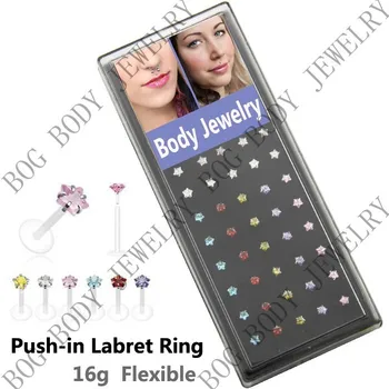 

BOG-40PCS IN 6 COLORS -STAR SHAPED CZ GEM LIP RING LABRET MONROE PIERCING BAR 16g GAUGE