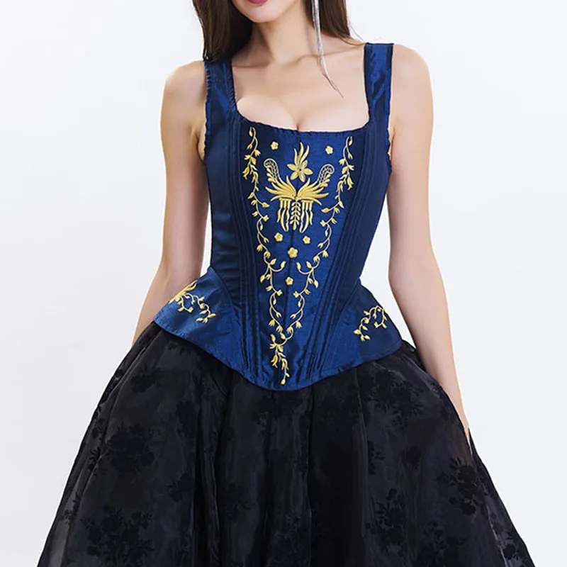 Blue Black Victorian Gothic Retro Overbust Corset Top Vest Sexy Embroidery Shoulder Strap Corsets And Bustiers Korsett For Women