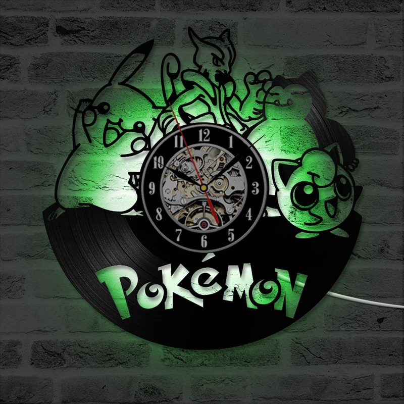 

Pokemon Vinyl Record Wall Clock Kids with LED Lighting Cute Cartoon 3D Stickers Pikachu Vinyl Clocks Wall Watch Home Decor