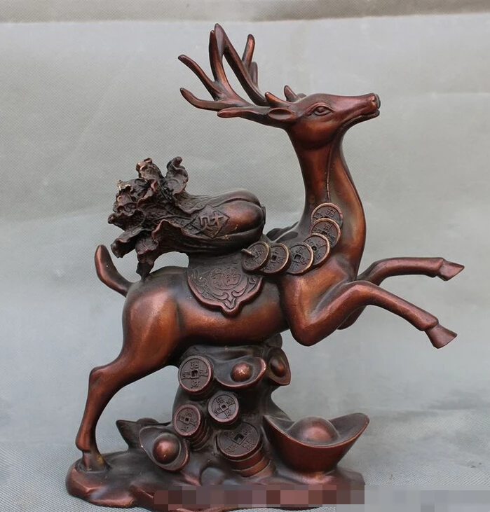

11" Chinese Pure Red Bronze Wealth YuanBao Coin Run Deer Carry Cabbage Statue