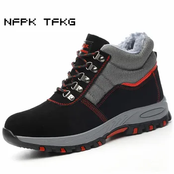 

men's fashion plus size steel toe covers work safety warm plush shoes worker builder cotton shoe winter snow security ankle boot