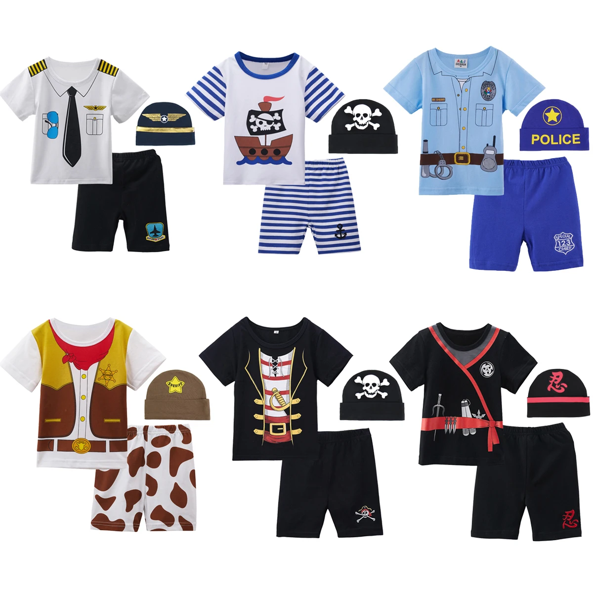 

3 PCS Baby Boy Short Sleeve Suit Infant Pilot Costume Set Tops and Pants Police Cowboy Pirate Cosplay Party Clothes with Hat