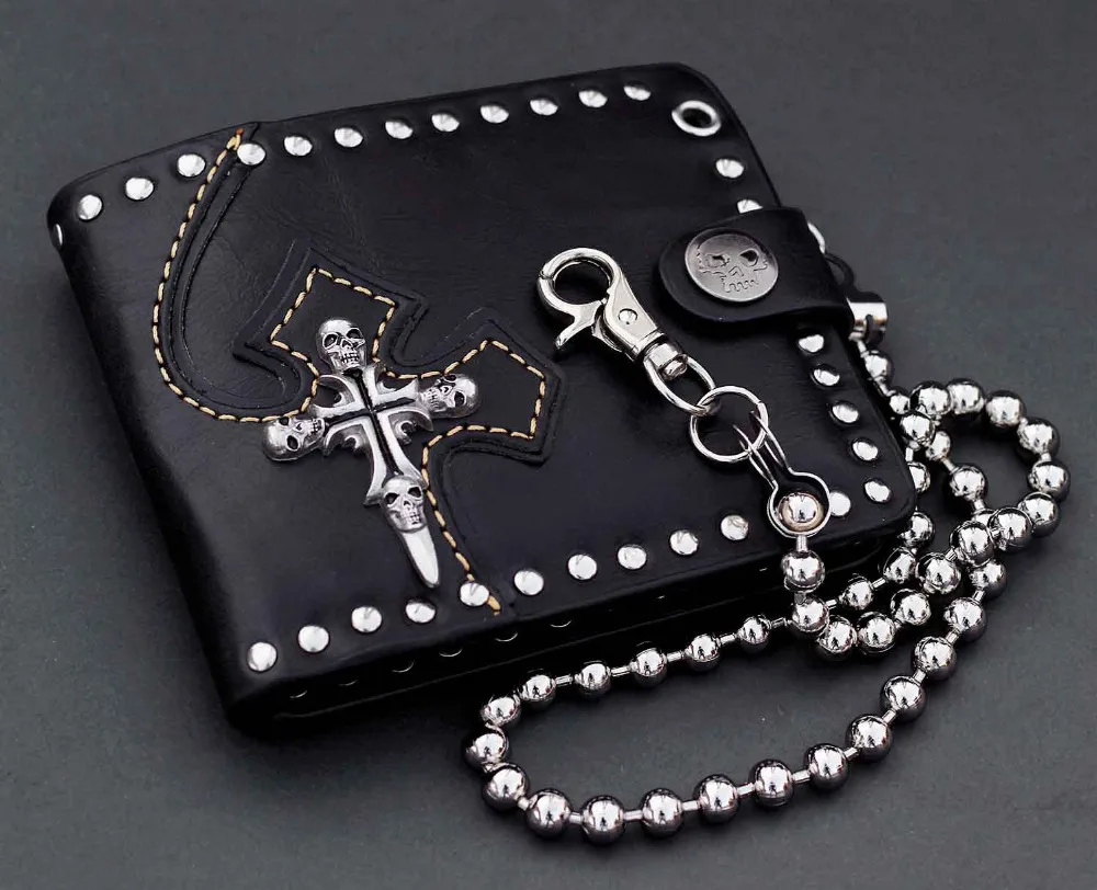 Men&#39;s Cool Biker Punk Skull Leather Wallet Purse with a Long Chain Man Gift +Box-in Wallets from ...