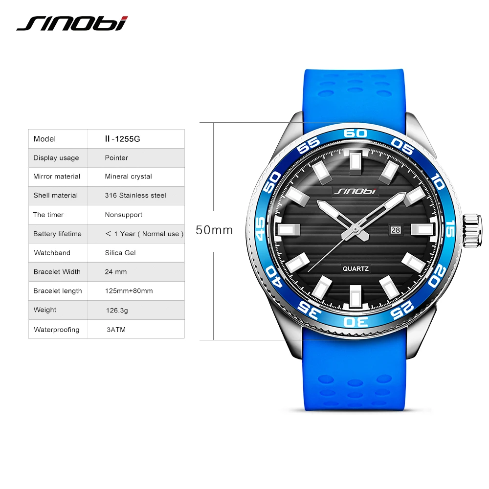 SINOBI 316 Stainless Steel Men's Sports Watches Luxury Brand Silicone Waterproof Men Military Watch