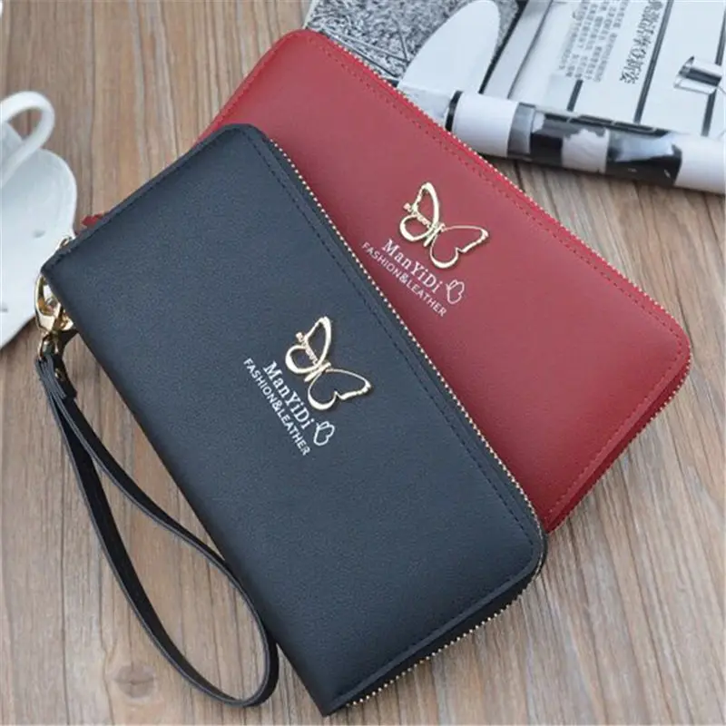 

New Women PU Purse Butterfly Wallets Long Ladies Colorful Wallet Red Clutch Multi Card Holder Coin Bag Female Zipper Wallet