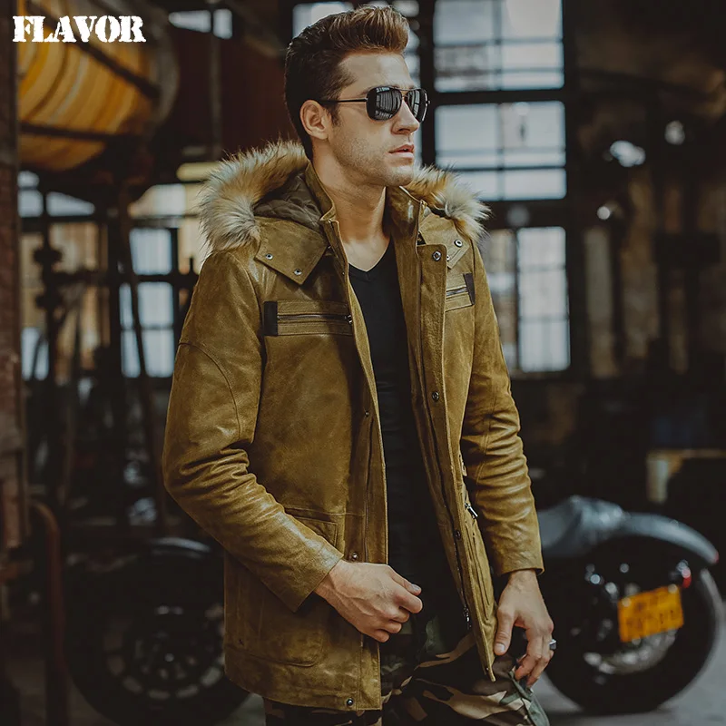 

Men's yellow hooded fur hat real leather jacket pigskin jackets Genuine Leather jacket winter warm coat men