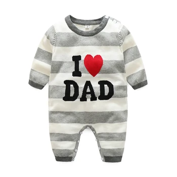 

Fall Baby Boy's And Girl's Children's clothing, With letter pattern, Big Gray And White Stripes Knitted Pure Cotton Rompers