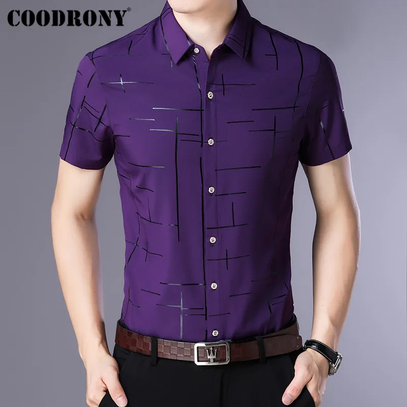 COODRONY, мужская рубашка с коротким рукавом, Camisa Masculina,, летняя крутая рубашка, Мужская одежда, деловые повседневные рубашки, Chemise Homme S96033 - Цвет: Фиолетовый