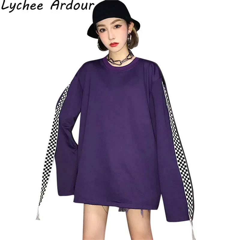 Lychee Ardour Шахматная Печать Лоскутная Женская футболка круглый воротник длинный