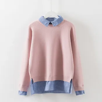 

Rlyaeiz 2018 Spring Autumn Sweater Women Korean Casual Pure Color Fake Two Pieces Knitting Pullover Female Knitted Sweaters