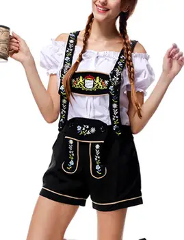 

Women Clothes Classic Retro Oktoberfest Costumes Sexy Charming Off Shoulder Beer Festival Tops + Suspenders Pants Women Set