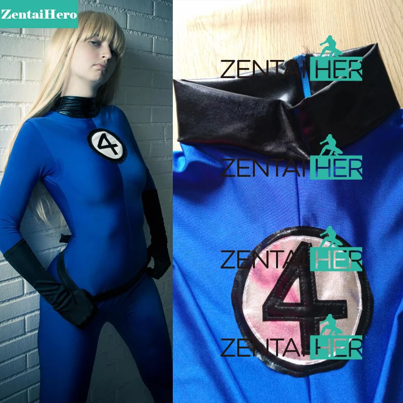 

ZentaiHero Fantastic 4 Costume Invisible Woman Sue Storm Superhero Costume Blue Spandex Zentai Catsuits for 2017 Halloween Party