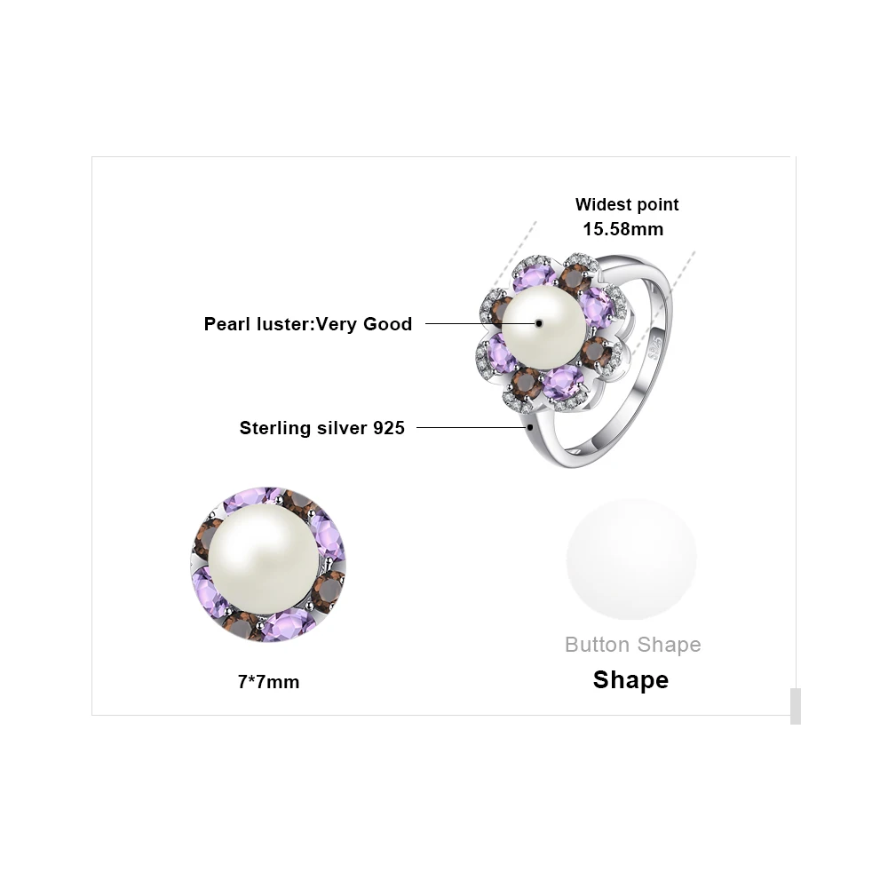 Jewelrypalace 7 мм культивированный жемчуг 1ct подлинная дымчатый кварц аметист кластера Кольца 925 серебро Красивые ювелирные изделия для Для женщин подарок