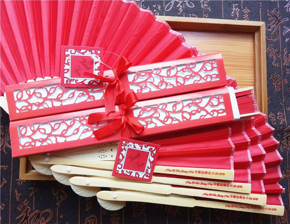 30 pcs/lot Personalized Luxurious Silk Fold hand Fan in Elegant Laser-Cut Gift Box+Party Favors/wedding Gifts+printing