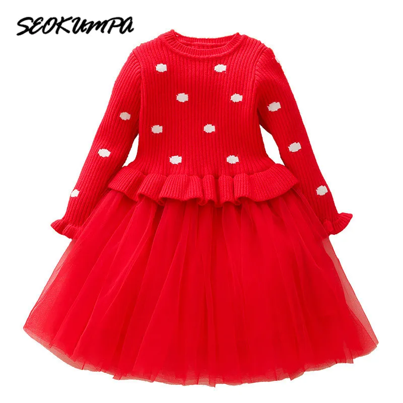 

New 2018 Girls Dress Winter Dresses Children Clothing Princess Dress Red Long Sleeve Sweater Dot Design Kids Girls Clothes