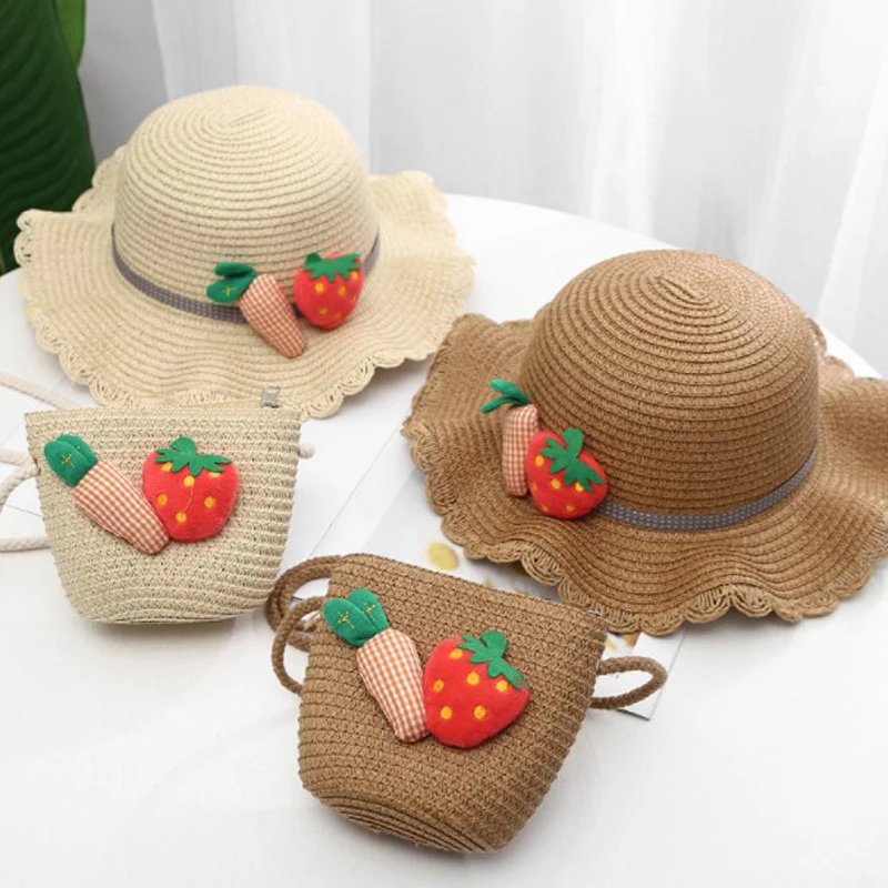 

2019 summer hot new strawberry carrot children straw hat girl princess hat travel student visor beach hat two-piece