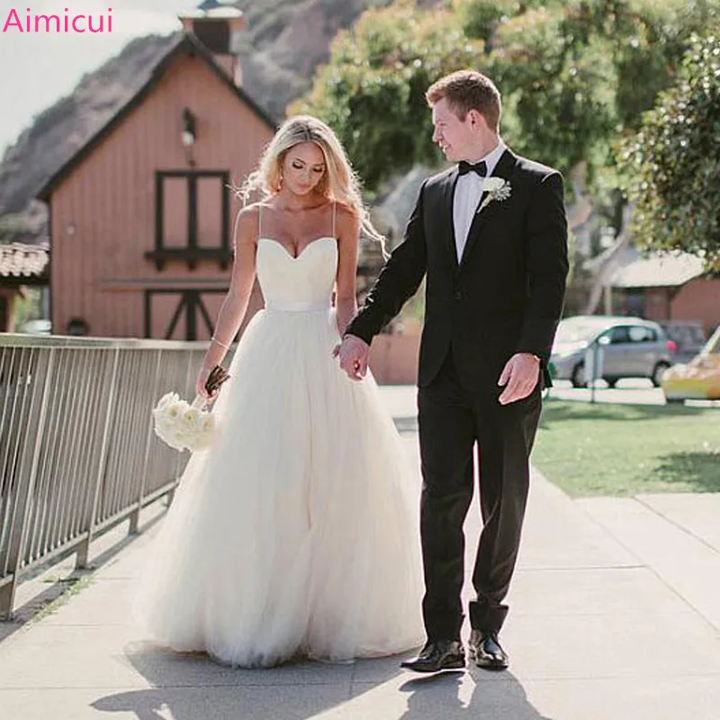 

Spaghetti Strap Beach Wedding Dresses 2019 Vestido Noiva Praia Simple White Tulle Casamento Sashes Bridal Gown Custom made