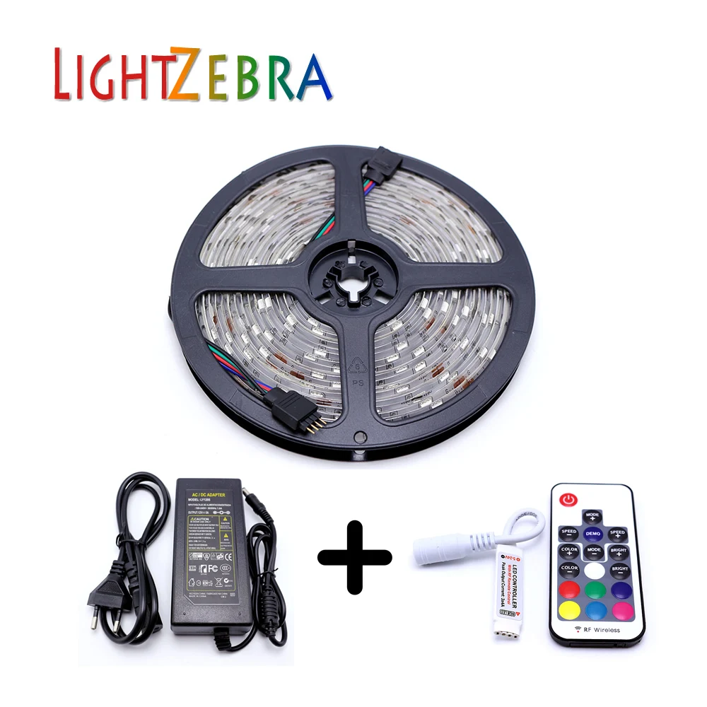 

5050 RGB LED Strip Light 5M Waterproof diode tape led ribbon with 17keys RF Remote Cotroller DC12V Power Adapter