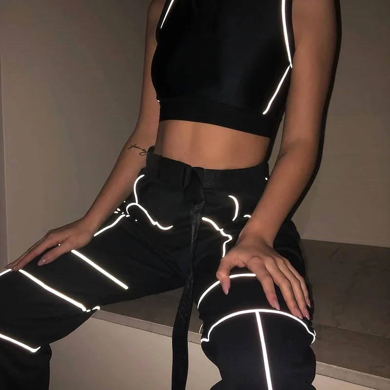 Shestyle Flash Reflective Jogger Pants Women Casual Harem Cargo Pants Belt Striped Loose Cool 2019 Autumn Long Trousers Summer Shestyle Flash Reflective Jogger Pants Women Casual Harem Cargo Pants Belt Striped Loose Cool 2019 Autumn Long Trousers Summer
