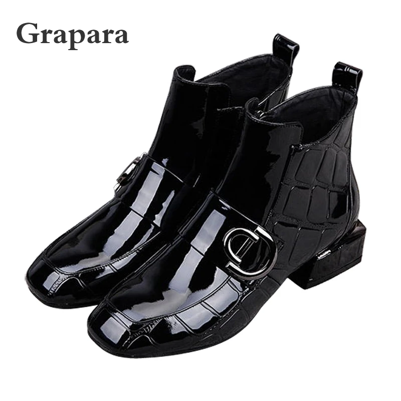 

Women Boots Autumn Winter Plush Martin Boots Shoes High Heel Zip Square Toe New Sexy Fashion Patent Leather Ankle Boots Grapara
